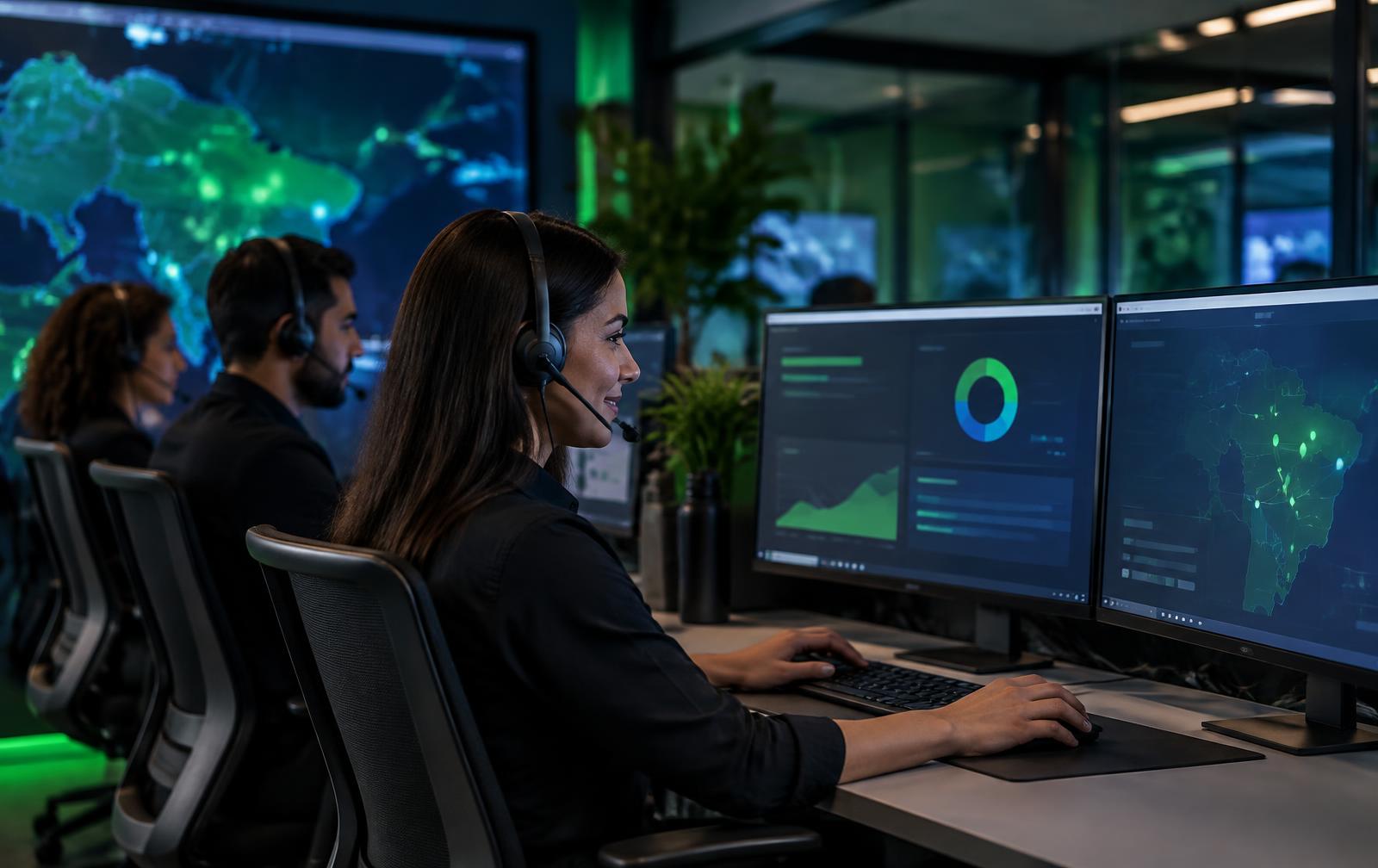 Central de atendimento moderna da Help Business Web com analistas operando dashboards para provedores de internet