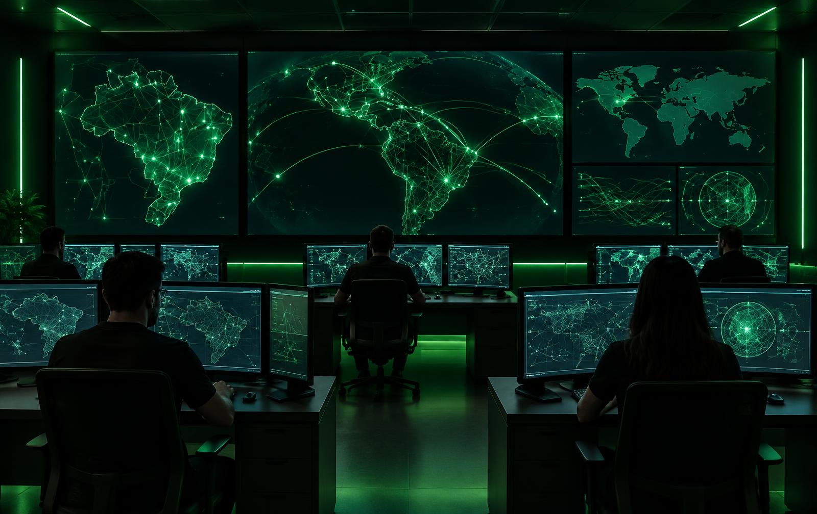 Sala de NOC da Help Business Web monitorando rede e infraestrutura de ISPs em tempo real